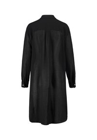 Schwarzes Langarmkleid mit Kragen, aus strukturiertem Stoff, mit geradem Schnitt und geknöpften Manschetten.