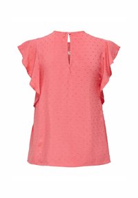 Maglietta rosa texturizzata con maniche arricciate e chiusura a oblò sul retro. Presenta un motivo a pois in rilievo su tutta la stoffa.