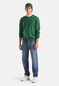 Mladý muž stojící v zeleném svetru s ohrnutými rukávy, zelené pletené čepici, modrých džínách a bílých teniskách, na jednoduchém bílém pozadí.