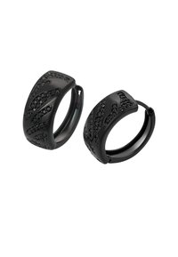Černé kruhové náušnice s texturovaným povrchem a křížovými vzory, zdobené černými krystaly a hladkým lesklým povrchem.