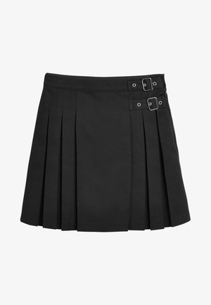 Zwarte gepliseerde rok met twee gespen op de taille, gemaakt van een glad materiaal. Heeft een rechte snit en een schone, minimalistische ontwerpen.