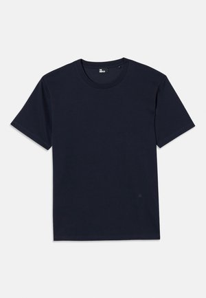 T-shirt en coton bleu marine à manches courtes, col rond et détails de couture minimes. Design simple sans motifs ni accents visibles.