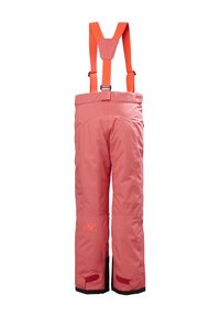 Pantalones de esquí rosas con tirantes ajustables naranjas, bolsillos laterales, dobladillos reforzados y acentos negros en la parte inferior, con un logo en la pierna.
