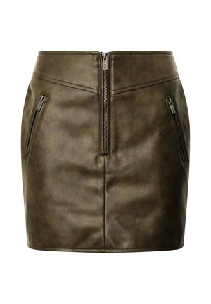 Olivroheline nahast mini seelik, millel on kõrge vöökoht, ees lukuga sulgemine ja kaks külje peal asuvat lukuga taskut. Sujuv tekstuur.