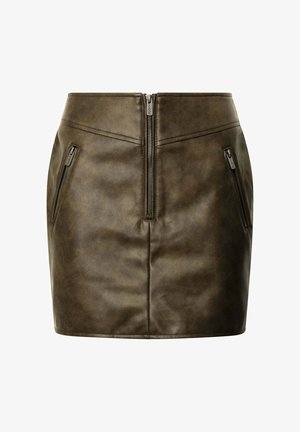 Olivroheline nahast mini seelik, millel on kõrge vöökoht, ees lukuga sulgemine ja kaks külje peal asuvat lukuga taskut. Sujuv tekstuur.