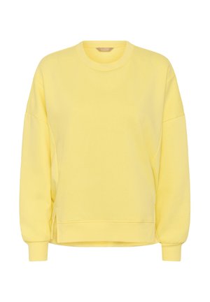 Sweat-shirt jaune à col rond avec manches longues, poignets côtelés et ourlet côtelé, fabriqué en tissu doux.