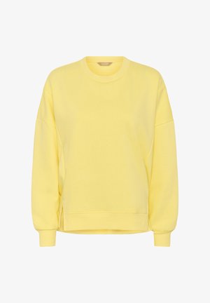 Sweat-shirt jaune à col rond avec manches longues, poignets côtelés et ourlet côtelé, fabriqué en tissu doux.