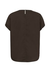 Blouse marron foncé à manches courtes avec poignets froncés et une petite ouverture en forme de goutte d’eau dans le dos au niveau de l’encolure.