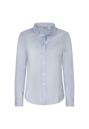 Chemise à manches longues bleu clair en tissu lisse. Présente un col classique, une fermeture à boutons sur le devant et un petit logo sur la poitrine.