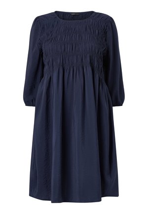 Navy blue dress with three-quarter sleeves, featuring smocked bodice texture, relaxed fit, and a round neckline.