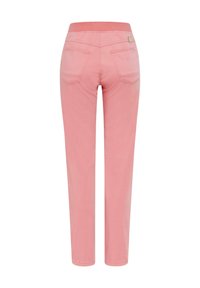 Rosa Baumwollhose mit geradem Bein, ausgestattet mit einem elastischen Bund und zwei Gesäßtaschen. Glatte Textur, minimalistische Gestaltung.