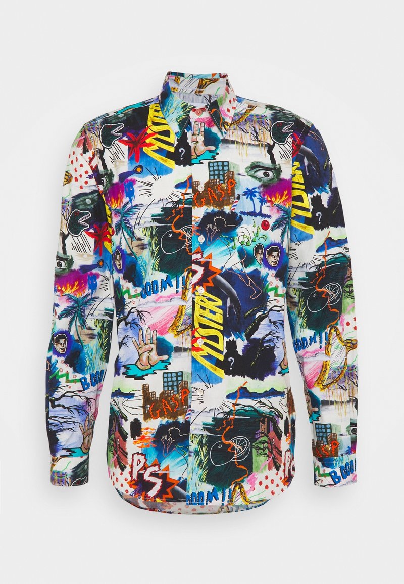 Chemise boutonnée à manches longues avec des imprimés abstraits colorés de style graffiti, comprenant des mains, des visages, des bâtiments, des palmiers et du texte de bande dessinée.