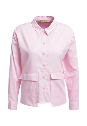 Light pink long-sleeve button-up shirt with pointed collar and two front flap pockets, displayed on a white background.