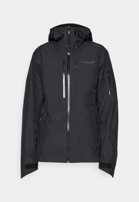 Schwarze wasserdichte Jacke mit Kapuze, Reißverschluss vorne, zwei Reißverschluss-Taschen und Klettverschluss-Bündchen. Verfügt über ein elegantes Design und leichten Stoff.