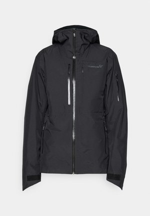 Schwarze wasserdichte Jacke mit Kapuze, Reißverschluss vorne, zwei Reißverschluss-Taschen und Klettverschluss-Bündchen. Verfügt über ein elegantes Design und leichten Stoff.