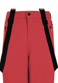 Pantaloni rossi con bretelle nere, dotati di una cintura in vita, tasche laterali con zip e texture liscia. Spalline regolabili per un miglioramento della vestibilità.