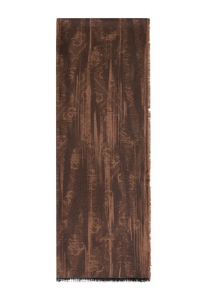 Langer rechteckiger brauner Schal mit abstrakten dunkleren und helleren Streifenmustern und fransigen Kanten.