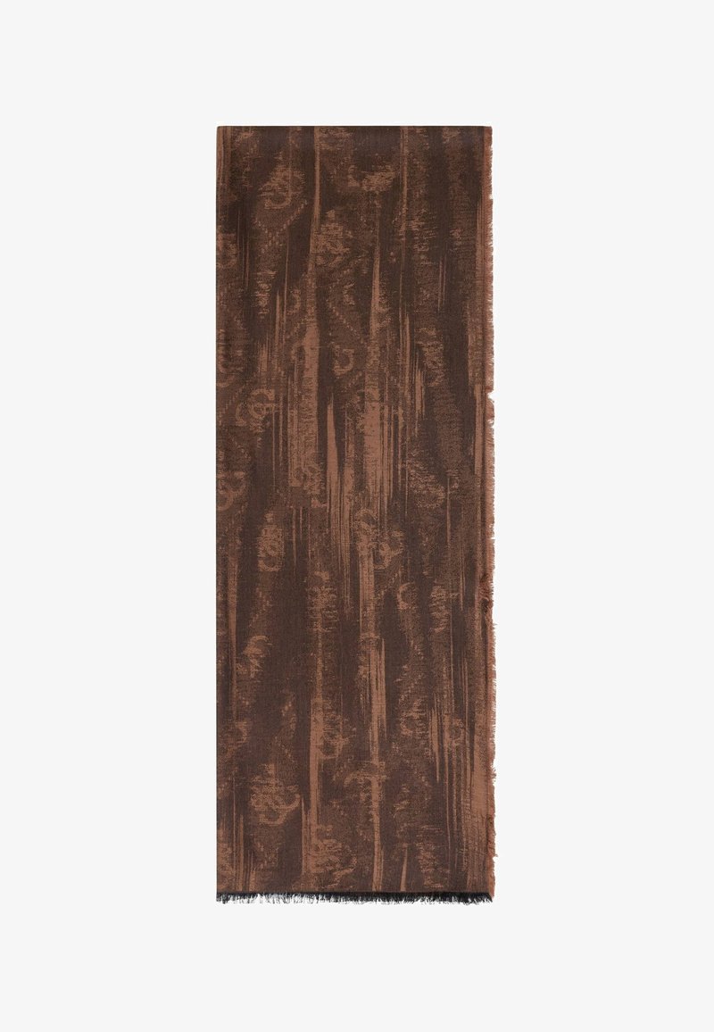 Écharpe longue rectangulaire marron avec des motifs abstraits de stries plus foncées et plus claires et des bords frangés.