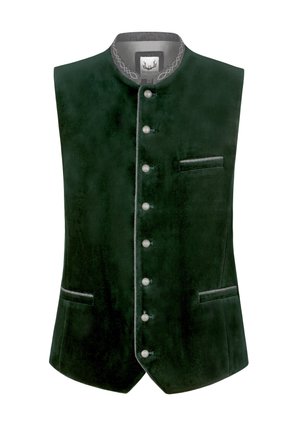 Grüne samtige Weste mit Stehkragen, silbernen Knöpfen und einer einzelnen Brusttasche mit dekorativer Naht.