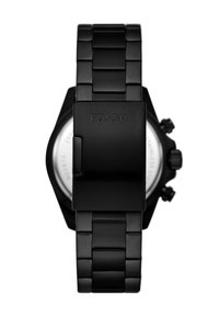 Montre en acier inoxydable noir avec un bracelet à maillons, fond de boîtier plat et zone de cadran surélevée. Comprend un logo de marque visible et des accents de bouton.