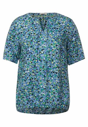 Korte mouwen blouse in lichtblauw met een veelkleurige abstracte print. Heeft een V-hals met plooien en een gathered zoom voor een ontspannen pasvorm.