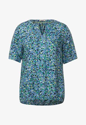 Korte mouwen blouse in lichtblauw met een veelkleurige abstracte print. Heeft een V-hals met plooien en een gathered zoom voor een ontspannen pasvorm.