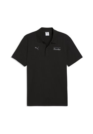 Schwarzes kurzärmeliges Poloshirt mit Puma-Logo auf der linken Brust und dem Schriftzug "Porsche turbo" in Grau auf der rechten Brust.