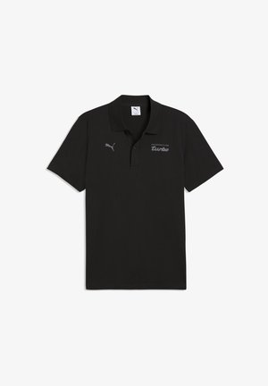 Camiseta tipo polo negra de manga corta con el logo de Puma en el lado izquierdo del pecho y texto "Porsche turbo" en gris en el lado derecho del pecho.