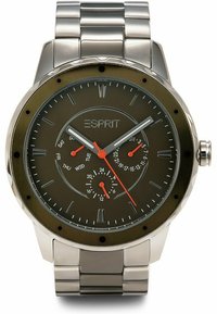 Metall-Armbanduhr mit einem runden, dunkelgrauen Zifferblatt, silberfarbenem Armband, leuchtenden Stundenmarkierungen, roten Akzenten und Funktion für Tag/Datum.