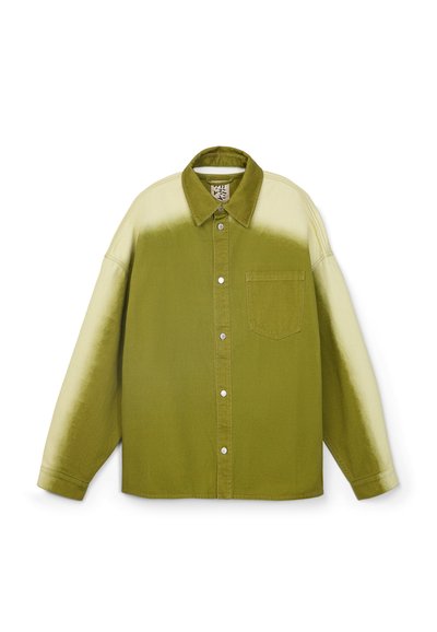 Button-up long-sleeve shirt with green-to-cream gradient, pointed collar, chest pocket, and snap buttons, laid flat on white background.