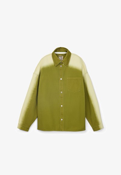 Button-up long-sleeve shirt with green-to-cream gradient, pointed collar, chest pocket, and snap buttons, laid flat on white background.