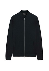 Cardigan nero a maglia con colletto rotondo, maniche lunghe, e chiusura frontale con zip. Presenta tasche laterali e polsini a costine all'orlo.