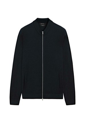 Black knit cardigan with a round neck, full-length sleeves, and a front zipper closure. Features side pockets and ribbed cuffs at the hem.