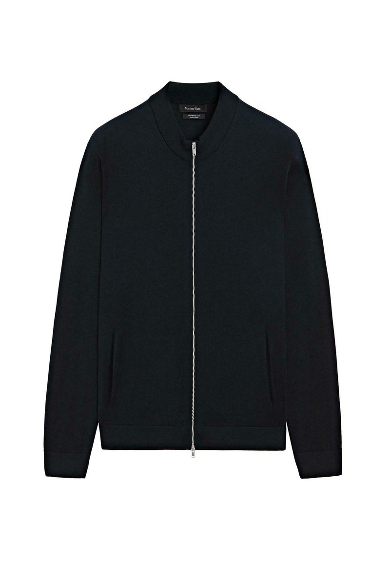 Cardigan nero a maglia con colletto rotondo, maniche lunghe, e chiusura frontale con zip. Presenta tasche laterali e polsini a costine all'orlo.
