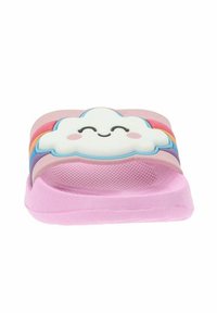 Infradito rosa con design di nuvole sorridenti e strisce arcobaleno. Realizzate in materiale morbido con un plantare testurizzato per il comfort.