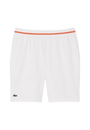 Witte shorts van zachte stof, met een elastische tailleband met een oranje accent en een groen logo aan de onderzijde aan de linkerkant.