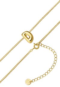 Zelta ķēdes kaklarota ar izliektu burtu "D" piekariņu. Aprīkota ar lobstera aizdari un regulējamu ķēdi ar mazām apaļām akcentiem.