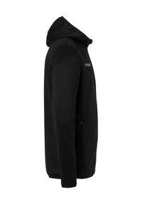Giacca nera con cappuccio realizzata in tessuto morbido, con una tasca laterale con zip e un piccolo logo sul petto, dal design aderente.