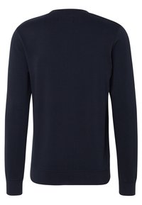 Mörkblå sweatshirt med långa ärmar, rund halsringning och ribbade muddar och nederkant, tillverkad av mjukt strukturerat tyg, synliga sömdetaljer.