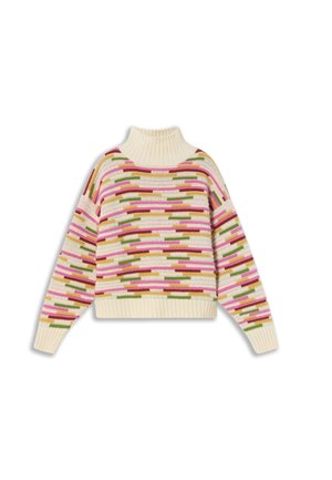 Maglione a maglia color crema con colletto alto, caratterizzato da strisce orizzontali in tonalità di rosa, verde e marrone. Design morbido e maniche con polsini a costine.