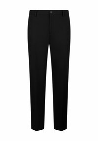 Schwarze Stoffhose mit geradem Beinanschnitt, ausgestattet mit einem vorderen Knopfverschluss, Gürtelschlaufen und ohne sichtbare Muster oder Texturen.