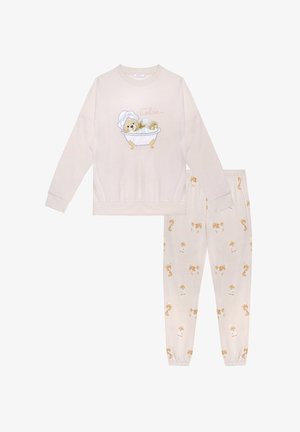 Beige pyjamasæt med lange ærmer, der har et print af en bjørn i et badekar; bukserne har et gentaget bjørnemønster; blødt bomuldsstof.