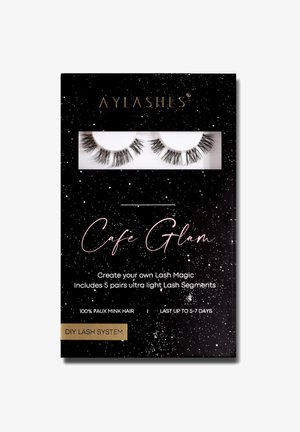 Black packaging with a speckled design, featuring five pairs of faux mink eyelashes. Text highlights "Cafe Glam" and DIY lash system details.