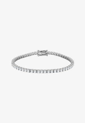 Silbernes Tennisarmband mit einer Reihe von rund geschliffenen klaren Edelsteinen und einem sicheren Verschluss.