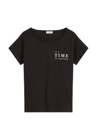 Schwarzes Baumwoll-T-Shirt mit kurzen Ärmeln und rundem Halsausschnitt. Auf der Vorderseite steht in weißen Buchstaben "ES IST ZEIT ZU VERÄNDERN".