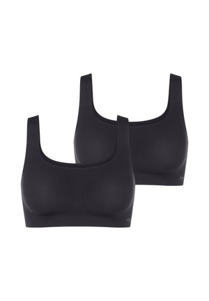 Sorte sports-bh'er med et sømløst design, brede firkantede stropper og blød tekstur. To enheder vist, ingen hardware eller mønstre synlige.