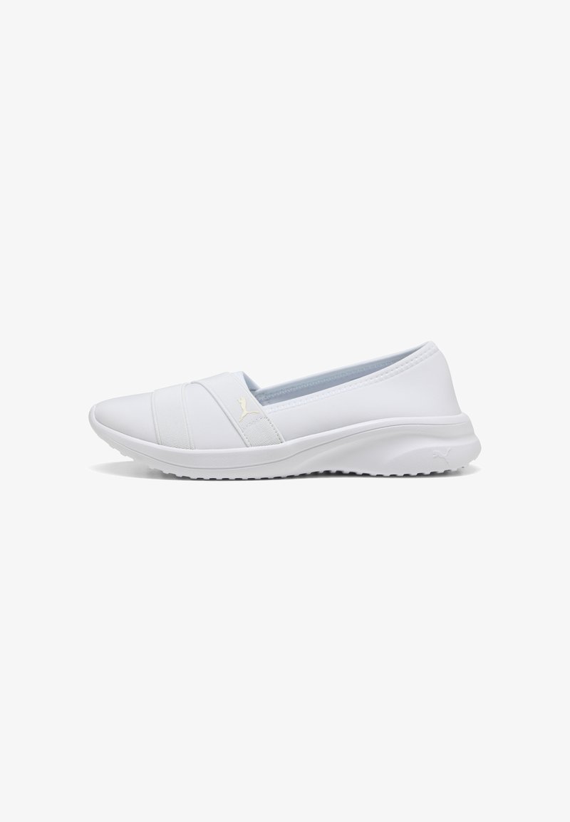 Chaussure de sport blanche à enfiler avec des brides élastiques et une semelle rembourrée, avec un logo Puma discret sur le côté et le talon.
