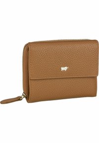 Portafoglio in pelle marrone con texture, chiusura zip-around, pattina anteriore e piccolo logo metallico come dettaglio. Presenta bordi in pelle liscia.