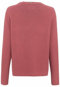 Pull en maille à manches longues et col rond de couleur rose poussière, présenté de dos avec un motif texturé fin.