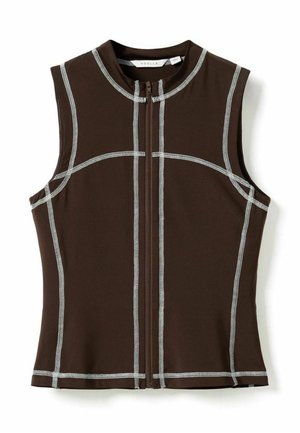 Varrukateta tumepruun lukuga üleriie, mille õmblustel ja servadel on heledat halli kontrastset õmblust ning kõrge ümar kaelus.